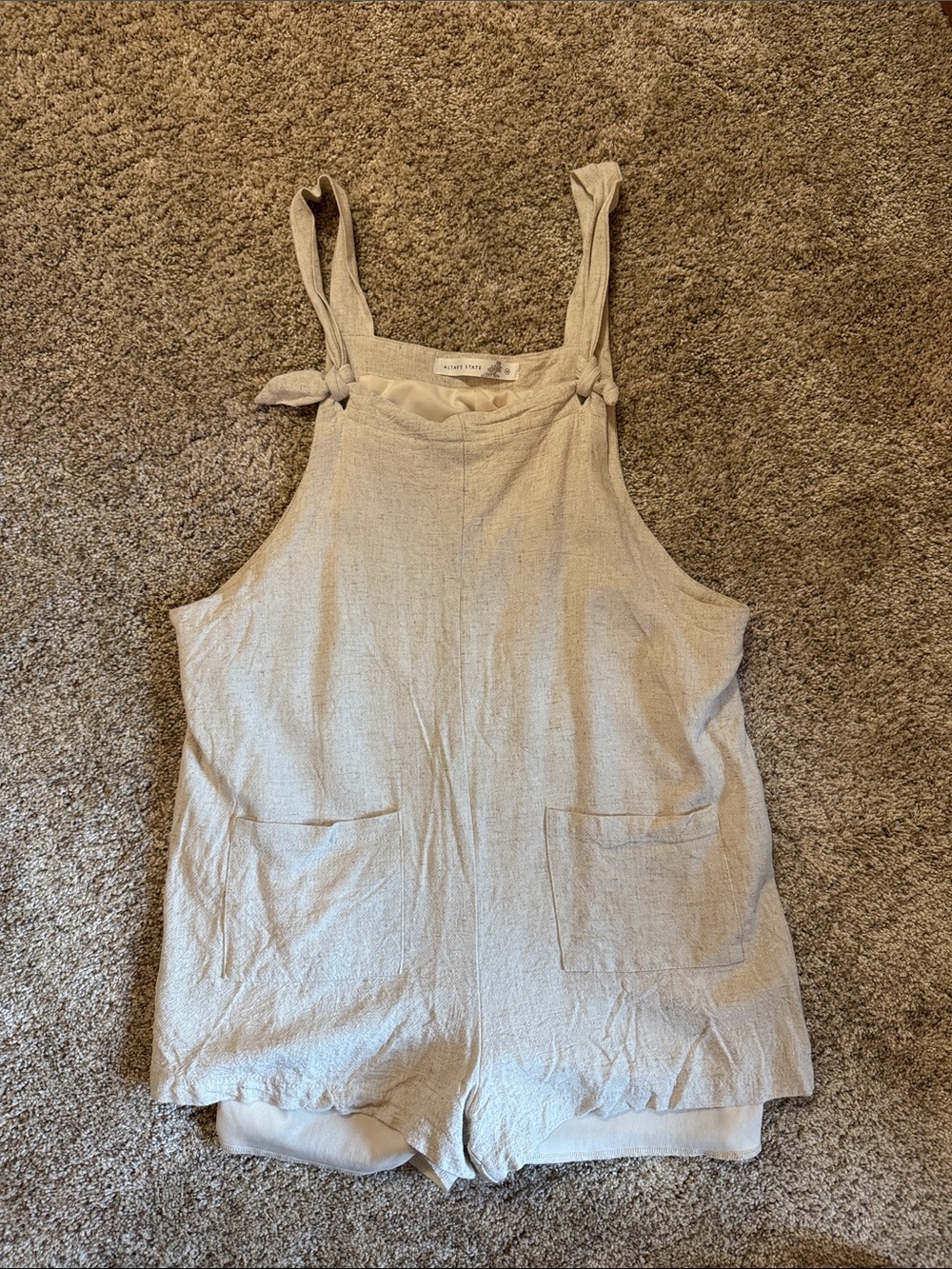 Altar'd State Natural Beige Tie-Strap Linen Romper